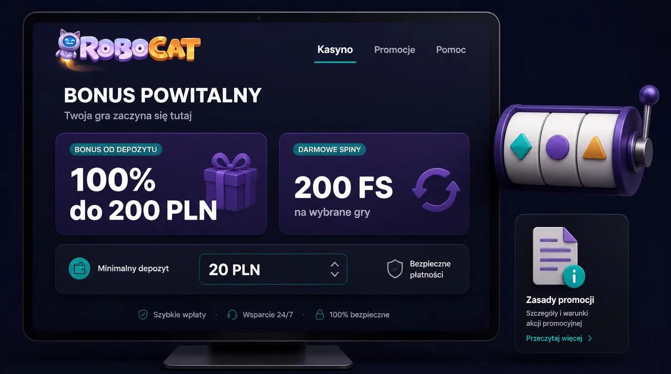 Panel bonusu powitalnego z ofertą 100% do 200 PLN, 200 darmowymi spinami i minimalnym depozytem 20 PLN
