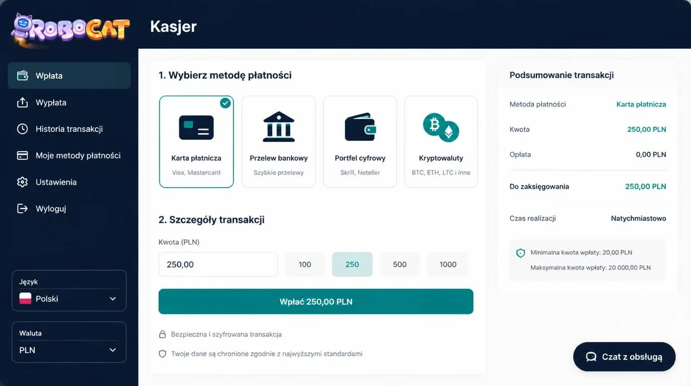 Polski panel kasy z wyborem PLN, metodami płatności i przyciskiem czatu pomocy